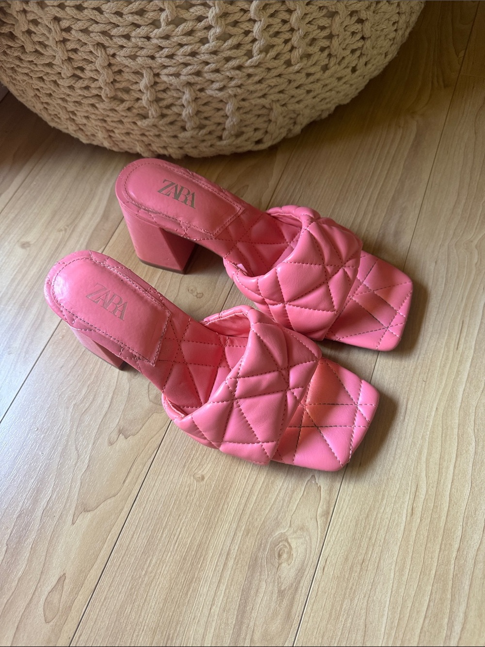 ZARA Coral Pink Quilted Block Heel Mules